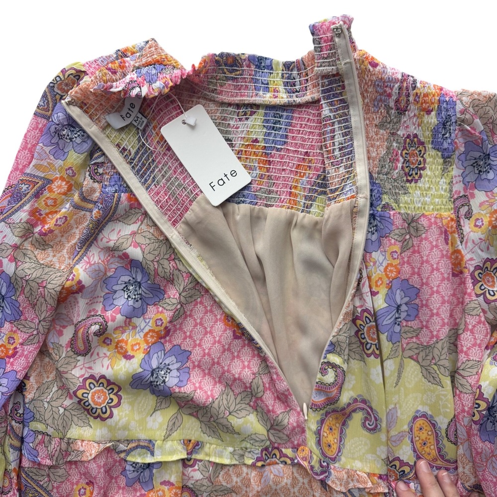 Fate Dress NWT Medium Paisley Floral Smocked Tiered Mini Spring Wedding Guest - Picture 5 of 11